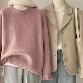 ニット レディース 深緑 セーター 秋冬 ゆったり ラウンドネック トップス 粘胶纤维 リブニット プルオーバー ピンク ホワイト ブルー レッド パープル グリーン レモンイエロー グレー