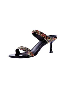 サンダル レディース ラウンドトゥ 露趾 ハイヒール ミュール ラインストーン 細ヒール スリッパ 韓国 PUレザー ブラック ベージュ 大きいサイズ