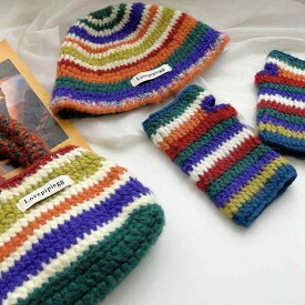 ニット帽 レディース 秋冬 手編み カラフル 帽子 手袋 バッグ 3点セット 保温 小顔効果 かわいい ガーリー 通学 学生