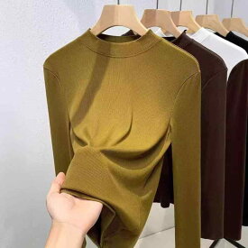 Tシャツ レディース 秋冬 修身 スリムフィット 無地 長袖 トップス 黄緑色 黒 白 深いコーヒー色 アンコラ赤 リブニット ポリエステル