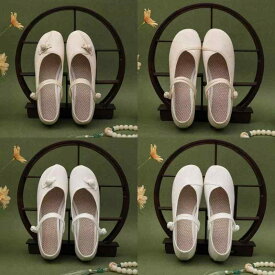 靴 レディース 老北京布靴 刺繡 スリッポン 民族風 禅意 ローヒール ラウンドトゥ 布製 カジュアル 普段使い 春夏 秋冬 白 ベージュ