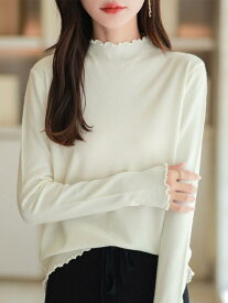 ニット レディース 秋冬 トップス 白 無地 ハーフネック メロウフリル アンディベルベット プルオーバー セーター きれいめ フェミニン ガーリー かわいい 長袖 カットソー インナー レイヤード