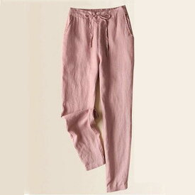 パンツ レディース 春夏 コットンリネン ゆったり テーパードパンツ 大きいサイズ 高身長 ゴムウエスト 9分丈 ズボン カジュアルパンツ 白 黒 ピンク系