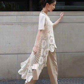 ベスト レディース 春夏 レース かぎ針編み ロング丈 コットン ノースリーブ ニット ジレ レイヤード 白 杏色 幾何学模様 文芸風 レトロ