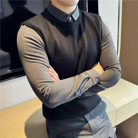 ニット メンズ ストライプ柄 シャツ襟付き 冬用 厚手 暖かい 起毛 カシミヤタッチ カットソー トップス 長袖 スリムフィット プルオーバー カジュアル おしゃれ 普段使い