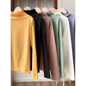 Tシャツ レディース 秋冬 木耳エッジ ハーフハイネック 長袖 インナー トップス 百搭 シェニール 氨纶 スリムフィット プルオーバー カットソー 御姐風