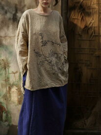 Tシャツ レディース ゆったりサイズ トップス 綿麻プリント プルオーバー 長袖 カットソー 文芸復古 カーキグレー ヴィンテージ風