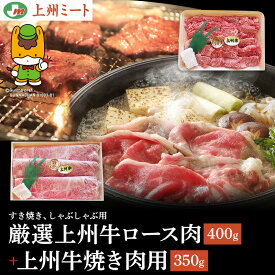 高級上州牛ロース肉（すき焼き、しゃぶしゃぶ用）400g＋上州牛焼き肉用350g 合計750g 高級肉 牛肉 上州肉 高級牛肉 上州ミート 群馬産 誕生日 プレゼント ギフト 贈答品 母の日 父の日 敬老の日 産地直送 国産 お中元 お歳暮 大切な方 内祝い お取り寄せ ぐんまちゃん