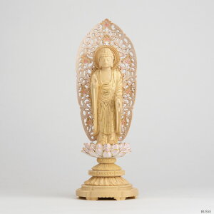 仏像 舟立阿弥陀如来 柘植製/ツゲ 丸座 3寸 金泥書 淡彩色 さくら色 浄土宗・時宗 (あみだ様 アミダ 総柘植 つげ ツゲ 3寸 3.0寸 3.0寸 三寸 丸台座 丸台 蓮華座 唐草光背 浄土宗 時宗 ミニ仏