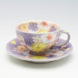 紫花景色　コーヒー碗皿【瀬戸焼 和食器 食器 コーヒーカップ 手描き 花柄 プレゼント 贈り物】