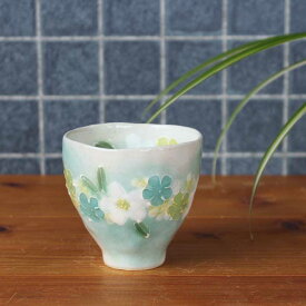 【工房風花】彩小花　湯呑（緑）　湯飲み 湯のみ カップ コップ お茶 手描き 花柄 フラワー 瀬戸焼 日本製
