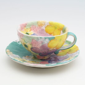 彩優花　コーヒー碗皿【瀬戸焼 和食器 食器 コーヒーカップ 手描き 花柄 プレゼント 贈り物】