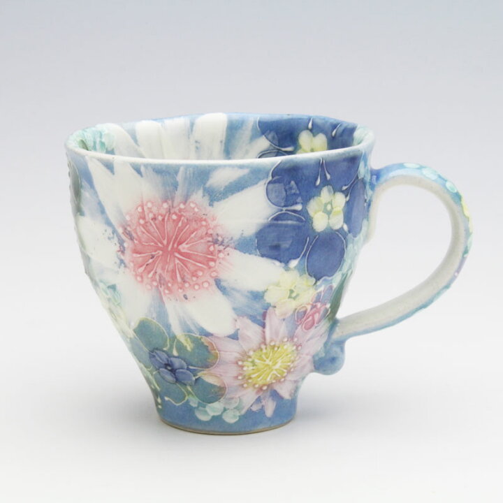 陶磁器マグカップ ピンク牡丹 大輪花モチーフ 立体装飾 ハンドメイド  