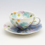青彩花化粧　コーヒー碗皿【瀬戸焼 和食器 食器 コーヒーカップ 手描き 花柄 プレゼント 贈り物】