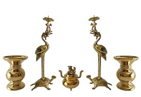 国産 丸型鶴付 五具足 金メッキ 3.0寸 利休 【真宗大谷派 東 】 仏具セット 仏具