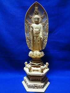 仏像 柘植 六角鬼面麒麟台座 舟立弥陀 水煙光背 眼入 4.0寸 【浄土宗】仏像 BUTUZO