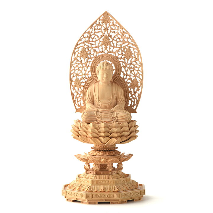 楽天市場】仏像 木彫り 本尊 総柘植 八角台上彫 木地彫 唐草光背 上等 