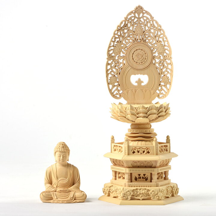 楽天市場】仏像 本尊 柘植材 六角台座 木地彫 座像 唐草光背 釈迦如来  