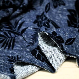 ニット生地 ガーゼ裏毛hibiscusプリントチャコール杢ネイビー杢 160cm幅 日本製 50cm単位の価格 カットソー ワンピース レディス メンズ 子供服 手芸 クラフト 生地 布 厚地 屋 さん 通販