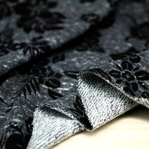 ニット生地 ガーゼ裏毛hibiscusプリントチャコール杢ネイビー杢 160cm幅 日本製 50cm単位の価格 カットソー ワンピース レディス メンズ 子供服 手芸 クラフト 生地 布 厚地 屋 さん 通販