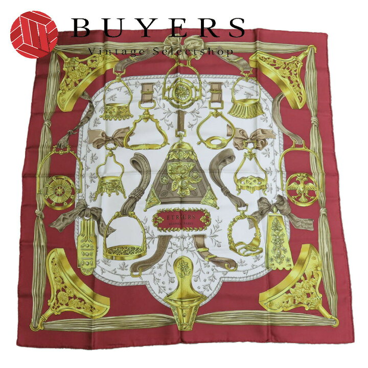 中古 エルメス スカーフ カレ90 シルク レッド ホワイト イエロー  