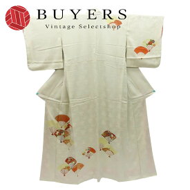 【中古】 訪問着・付下 正絹(金銀糸除く) ホワイト マルチカラー 扇柄 上品 華やか 和装 呉服 和服 きもの レディース 女性