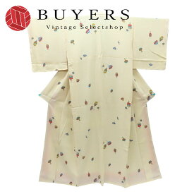 【中古】 小紋 正絹(金銀糸除く) クリーム マルチカラー こま柄 渋可愛い お洒落 和装 呉服 和服 きもの レディース 女性
