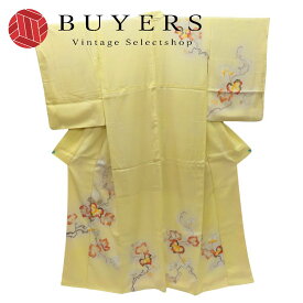 【中古】 訪問着・付下 正絹(金銀糸除く) イエロー ピンク 唐草 華やか 和装 呉服 和服 きもの レディース 女性