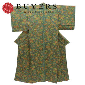 【中古】 小紋 しつけ糸あり 正絹(金銀糸除く) 青緑系 マルチカラー 総柄 お洒落 和装 呉服 和服 きもの レディース 女性