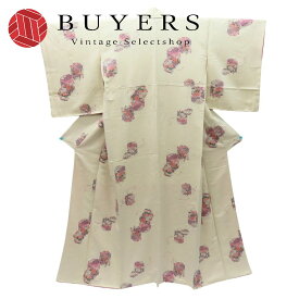 【中古】 小紋 正絹(金銀糸除く) アイボリー 藤色 ピンク 上品 金通し 和装 呉服 和服 きもの レディース 女性