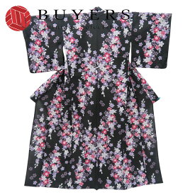 【中古】 浴衣 綿 ブラック ピンク 絽 変わり生地 桜 和装 呉服 和服 きもの レディース 女性