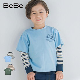 【60%OFFセール】BeBe（べべ）「キャンプロゴTシャツ×マルチボーダーTシャツセット(90~150cm)」子供服 子ども服 男の子 女の子