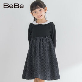 【60%OFFセール】BeBe（べべ）子供服　ワンピース　フォーマル　長袖「ドットプリント切替ワンピース(90~140cm)」子供服 子ども服 男の子 女の子　キッズ　ジュニア　ギフト　90　100　110　120　130　140