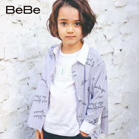 BeBe（べべ）「ストライプロゴプリントクレリックシャツ(100~150cm)」子供服 子ども服 男の子 女の子 100 110 120 130 140 150 トップス シャツ ブラウス キッズ ギフト ブランド