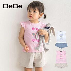 【10％OFFタイムセール】BeBe（べべ）「サングラスプリントTシャツ+ショートパンツセット(80~90cm)」子供服 子ども服 男の子 女の子 80 90 セットアップ セット キッズ ギフト ブランド