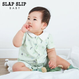 SLAP SLIP BABY（スラップスリップベビー）「【お揃い】襟付き恐竜アニマルプリントボーダー柄ロンパースベビー(60~80cm)」子供服 子ども服 男の子 女の子 60 70 80 ロンパース カバオール 新生児 ベビー 出産祝い ギフトラッピング キッズ ギフト ブランド