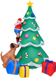 210CM クリスマスツリー エアーディスプレイ 膨張式 空気充填 「サンタクロースと犬」 特大 防水 設置簡単 エアーポンプ付き 自動膨らませる LED付き クリスマス オーナメント 雑貨 クリスマス パーティー イルミネーション 屋外設置可能