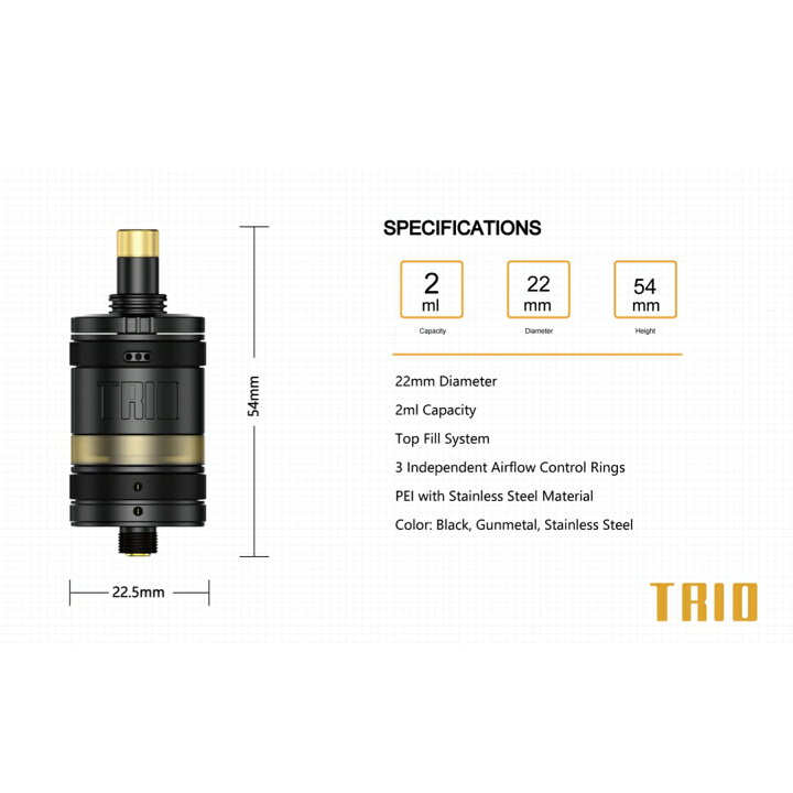 ZQ Trio RTA Tank ブラック ステンレス ガンメタル 22mm 510 トリオ アトマイザー RBA タンク トップフィル 電子 ...