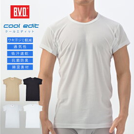 【10％OFFクーポン】【メール便送料無料】BVD クールエディット ワキ汗対策 クルーネック2分袖Tシャツ 吸水速乾 抗菌防臭 半袖 メンズ 男性 インナーウェア クールビズ COOL BIZ 下着 肌着 ビジネス 丸首 脇汗防止 汗取り