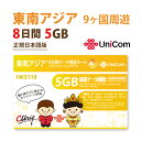 不課税【物理SIM/ネコポスゆうパケット発送】東南アジア周遊 (5GB/8日) データ通信専用SIMカード タイ / ベトナム / マレーシア / 他計10ヵ国 【開通期限2026/06/30】 アジアSIM 東南アジアSIM 中国聯通 プリペイド sim 海外出張