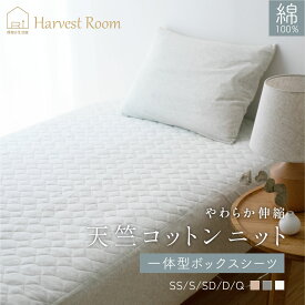 「RakutenスーパーSALE 10%OFF」天竺ニット パッド一体型ボックスシーツ シングル セミダブル ダブル クイーン セミシングル S SD D Q SS 綿100% コットン 天竺 軽い おしゃれ 着脱簡単 杢カラー くすみカラー 通年 ハーベストルーム オールシーズン マットレスカバー