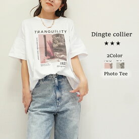 【2024春夏新作】Dignite collier ディニテコリエ ワイドフォトT フォト Photo Tシャツ ロゴ ロゴプリント Tシャツ ロゴT ロゴTシャツ 半袖Tシャツ Tシャツ トップス レディース 春夏 夏 ゆったり オーバーサイズ おしゃれ 大人カジュアル ホワイト 白