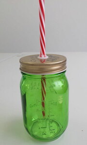 【大人気商品!】Glass jar ガラスドリンクボーカルジャー ストロー付 グリーン 380ml ゴールドキャップ サラダ&ドリンク2WAY(704937)