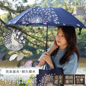 日傘 折りたたみ 傘 晴雨兼用 UVカット 完全遮光 遮熱花紀行「孔雀刺繍ミニ折りたたみ日傘」涼しい 優雅 日傘 UVカット 完全遮光 遮熱 涼しい 刺繍 軽量 ギフト