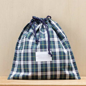 体操着入れ 体操服入れ お着替え入れ 巾着型 縦28cm横27cm(28×27) まち2cm 氏名票つき 名札つき ●タータンチェック ブルー・グリーン系 917● 修学旅行・林間学校・宿泊訓練・キャンプ・お泊