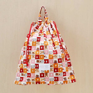 持ち手つき 体操服入れ 名札つき ●うさぎ・くま・いぬ・ねこ・ぶた・ぞうさんと英文字のプリント赤系 913● 修学旅行・林間学校・宿泊訓練・キャンプ・お泊り保育 荷物の小分けにも活躍