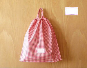 持ち手つき 体操服入れ お着替え入れ 名札つき 濃いピンクと白のギンガム ピンクステッf4色柄 修学旅行・林間学校・宿泊訓練・キャンプ・お泊り保育 荷物の小分けにも活躍 縦37cm横35cm(37×