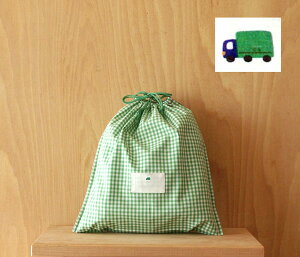 体操着入れ 体操服入れ お着替え入れ 巾着型 縦28cm横27cm(28×27) まち2cm 氏名票つき 名札つき グリーンと白のギンガムチェックオリジナルワンポイントh1トラック 修学旅行・林間学校・宿泊