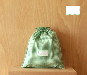 体操着入れ 体操服入れ お着替え入れ 巾着型 縦28cm横27cm(28×27) まち2cm 氏名票つき 名札つき グリーンと白のギンガムチェック グリーンステッチf5 修学旅行・林間学校・宿泊訓練・キャン