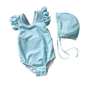 女の子 ジュニア用 水着 キャップ付き フリフリ チェック ストライプ ワンピース 海水浴 プール キッズ ガールズ スイミング 女児 タンクトップ お帽子 水泳 ブルー パープル レジャー キャンプ 出産祝い ギフト 春 夏 送料込【水着】